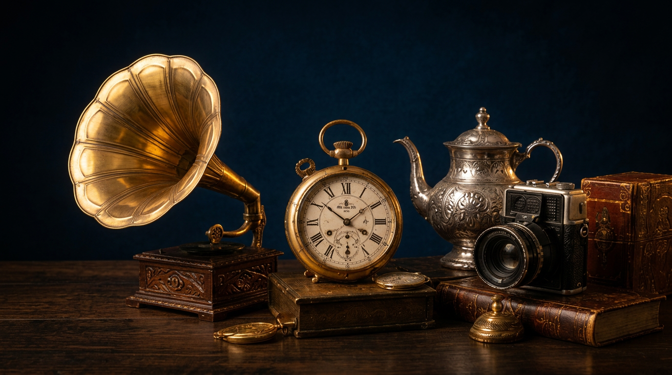Antique gramophone, pocket watch, silver teapot and books
